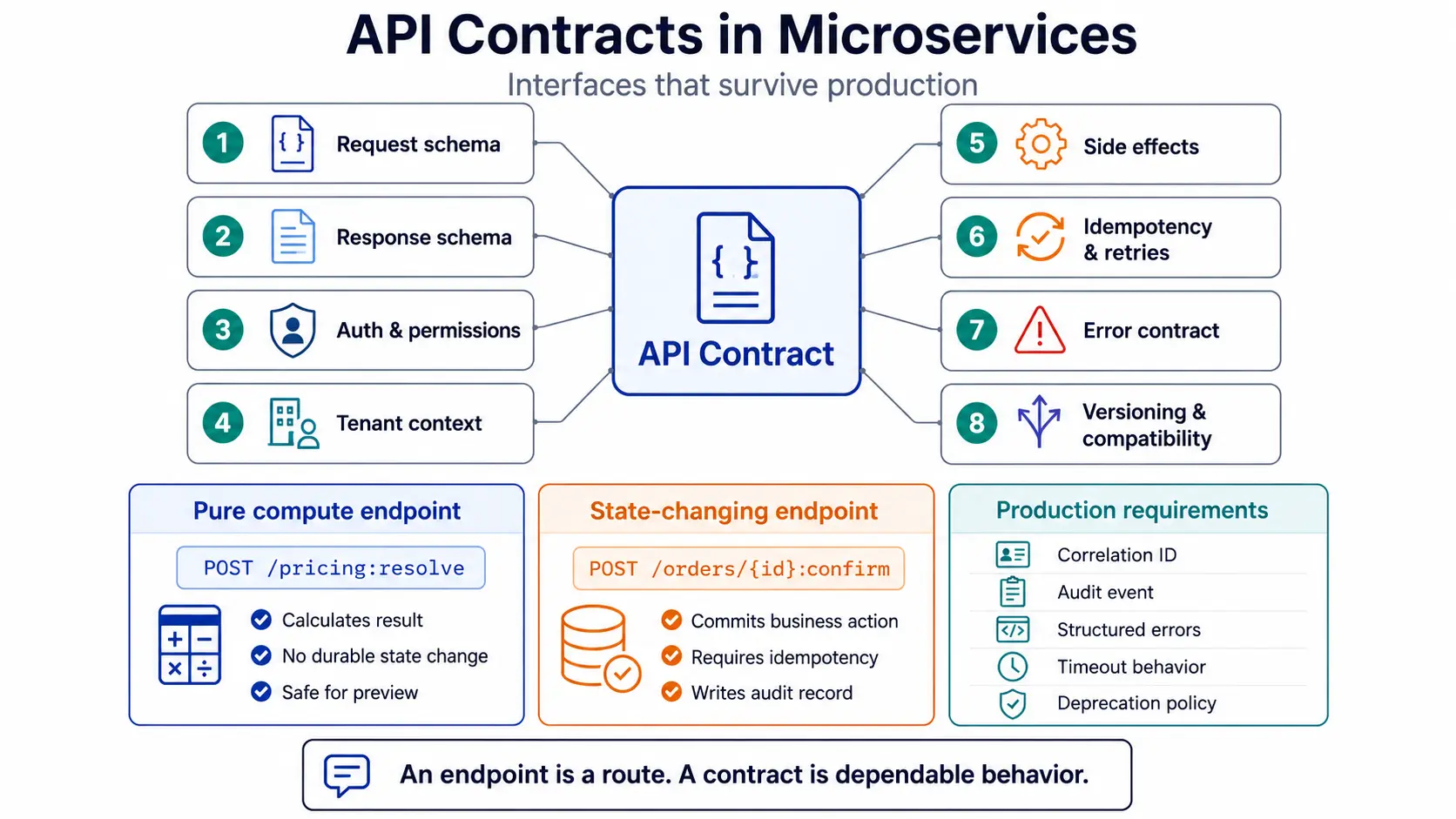 API contract in microservices — 8 components: request schema, response schema, auth and permissions, tenant context, side effects, idempotency and retries, error contract, versioning and compatibility