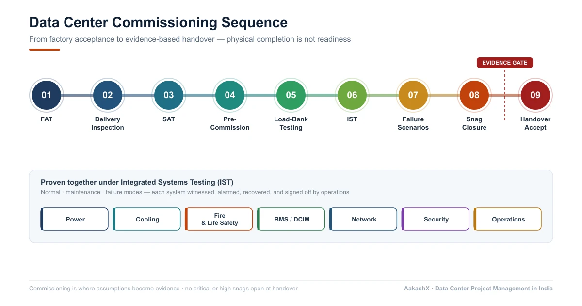 Data center commissioning sequence showing FAT, delivery inspection, SAT, pre-commissioning, load-bank testing, integrated systems testing, failure scenarios, snag closure, and handover acceptance, with power, cooling, fire, BMS/DCIM, network, security, and operations proven under integrated testing.